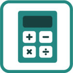Teal calculator icon with a large display and four white rounded buttons labeled +, −, ×, ÷ on a teal background.