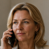 Professional woman in business attire speaking on a mobile phone indoors with a neutral background.