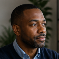 Close-up portrait of a Black man looking to the right, wearing a blue sweater and light blue collared shirt.