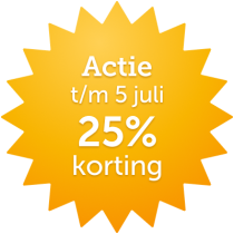 Gouden sterburst badge announcing Actie t/m 5 juli, 25% korting.